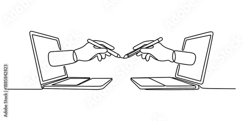 Digital signature on laptop: a hand holding a pen signing electronically Vector, illustration