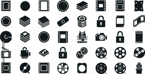 Professional Cinema and Multimedia Icon Set featuring Film Reels, Camera Frames, Video Production Symbols, and Security Padlocks