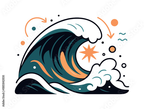 Dynamic Ocean Waves. Ocean waves. A giant curling wave rises in slow motion, sunlight piercing through the crest as foam sprays outward. Power and beauty