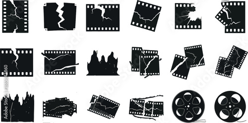 Broken Film Strip and Damaged Cinema Frame Silhouette Set with Cracked Movie Reels and Grungy Video Elements