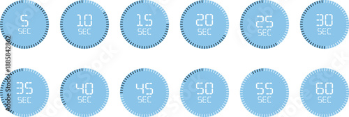 Twelve light blue circular timer icons show various countdown second intervals on a clean white background.