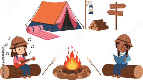 Cute camping adventure cartoon illustration set featuring kids by campfire tent guitar reading and outdoor equipment