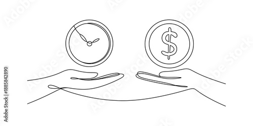 Time and money offered on open hands in a simple line drawing Vector, illustration