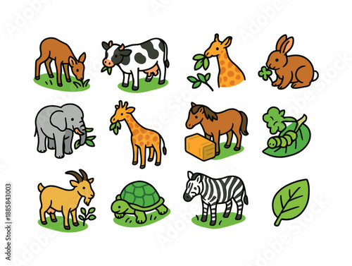 Colorful Herbivore Icons. Herbivores. Colorful isometric vector icons set of Herbivores: grazing deer, cow chewing grass, rabbit with clover, elephant trunk