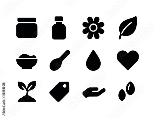 Natural Cosmetics Icons. Natural cosmetics. Solid icon set of Natural cosmetics: jar, bottle, flower, leaf, bowl, spoon, droplet, heart, plant, tag, hand,