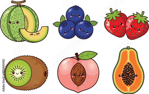 Cute cartoon fruit characters illustration set featuring melon berries kiwi papaya and peach designs kawaii vector