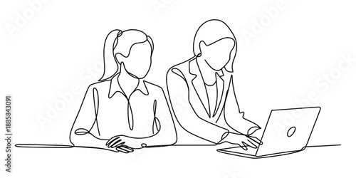 Two women working together on a laptop in a modern office setting Vector, illustration