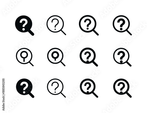 Curiosity Icon Set. Curiosity. Icon set. Set Logo of Curiosity: magnifying glass over a question mark. harmonious logo variations of the same emblematic