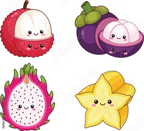 Cute cartoon tropical fruits illustration set featuring lychee mangosteen dragon fruit and starfruit characters