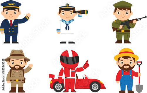 Cute cartoon profession characters illustration set featuring pilot sailor soldier farmer racer and explorer jobs