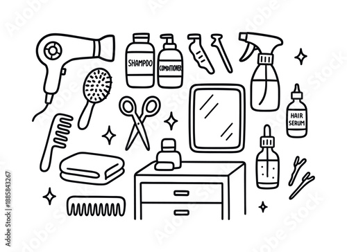 Salon Essentials Doodle. Salon hair care station. Hand-drawn doodle illustration salon hair care station hairdryer, comb, brush, scissors, shampoo bottle,
