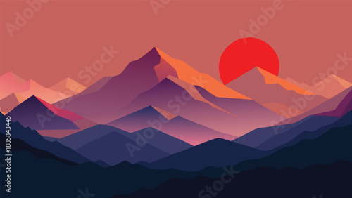 A minimalist mountain landscape illustration showcasing a vibrant red sun setting over layered peaks isolated on transparent background