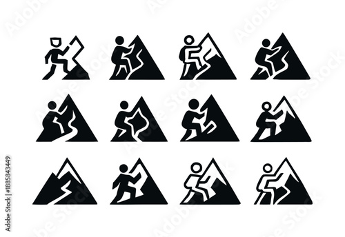 Mountain Climbing Icons. mountain climbers. Icon set. Set Logo of mountain climbers: glacier line path. harmonious logo variations of the same emblematic