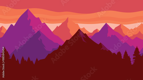 Vibrant flat design vector landscape illustrating a breathtaking sunset over a majestic mountain range
