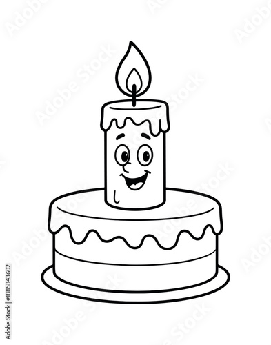 Cheerful Candle Coloring Page. Birthday candle wax children?s coloring book illustration, outlined drawing, a cheerful candle on a cake with small wax drips