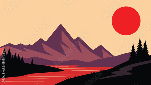 A minimalist illustration of a purple mountain range at sunset with a red sun over a reflective river isolated on transparent background
