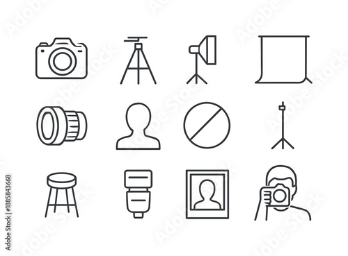 Studio Portrait Icon Set. Taking portraits in a studio. Line icon set of Taking portraits in a studio: camera, tripod, softbox light, studio backdrop, portrait