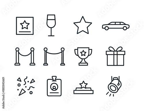 VIP Event Icons. VIP event. Line icon set of VIP event: invitation card, champagne glass, star, limousine, red carpet, rope barrier, trophy, gift