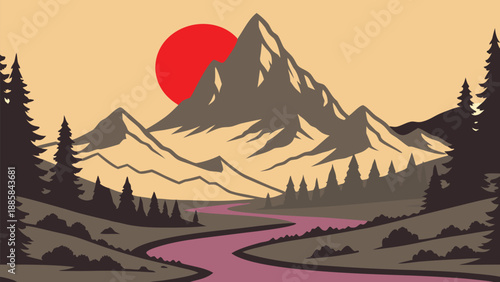 A captivating vintage illustration of a tranquil mountain landscape featuring a prominent red sun and winding river isolated on transparent background