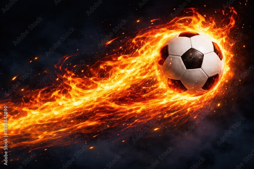 Fototapeta premium Flaming Soccer Ball Flying Through Dark Space