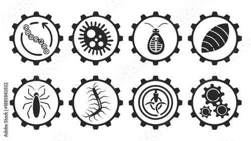 Bio-Mechanical Gear Vector Set,  Eight gear-shaped icons, each containing a different biological or mechanical element, including insects, a microbe, a leaf, and other gears, illustrating the fusion