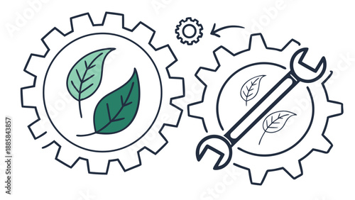 Sustainable Engineering and Green Technology Vector,  Illustration of two meshing gears with leaves and a wrench, symbolizing eco-friendly technology and sustainable engineering practices