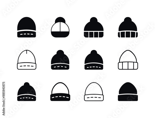 Beanie Logo Icons. beanies. Icon set. Set Logo of beanies: stitched seam. harmonious logo variations of the same emblematic concept, each with different