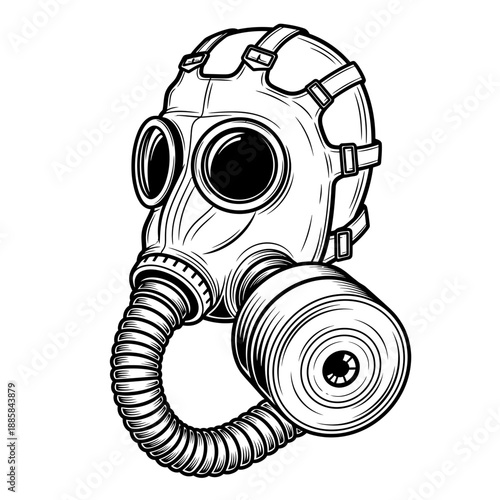 Vintage Style Gas Mask with Filter Canister Vector Line Art for Industrial Retro Safety Illustrations