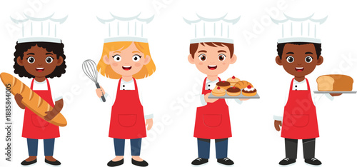 Cute diverse cartoon chef kids illustration showing children bakers with bread pastries and cooking utensils together