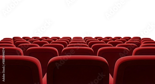 Vibrant crimson upholstered chairs in an empty movie theater isolated on transparent cutout background, cut out, png