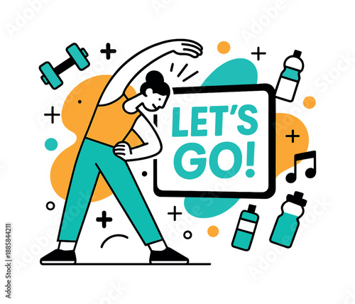 Let's Go Challenge. Challenge Kickoff Scene. A figure stretches in front of a digital screen that says ?Let?s Go!? surrounded by stylized dumbbells, water