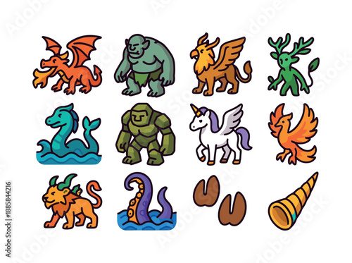 Legendary Creatures Icons. Legendary Creatures. Colorful isometric vector icons set of Legendary Creatures: fire-breathing dragon, cave troll, winged griffin,