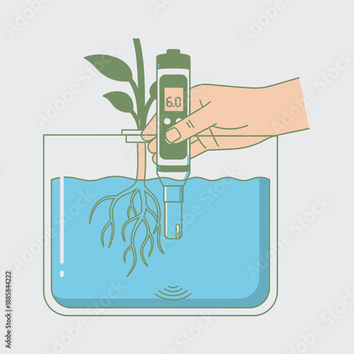 Hydroponic PH Level Check Vector Icon Showing Hand Testing Water Reservoir for Gardening Systems