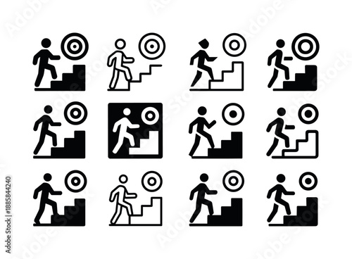 Goal Setting Icons. Setting weekly goals and breaking them into smaller tasks. Icon set. Set Logo of Setting weekly goals and breaking them into smaller tasks: