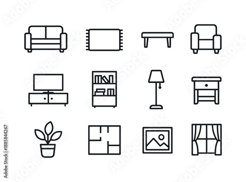 Living Room Icon Set. Living Room Layout. Line icon set of Living Room Layout: sofa, rug, coffee table, armchair, TV, bookshelf, lamp, side table, plant, floor