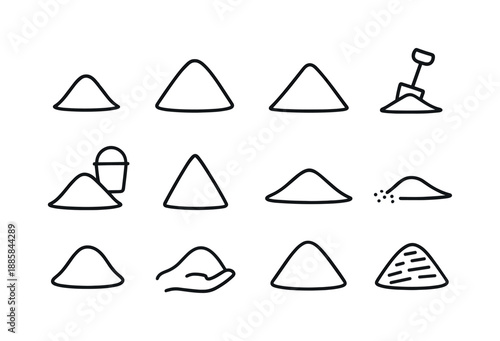 Dirt Heap Icons Set. Dirt heap icons. Line icon set of Dirt heap icons: small heap, medium heap, large heap, heap with shovel, heap with bucket, conical heap,