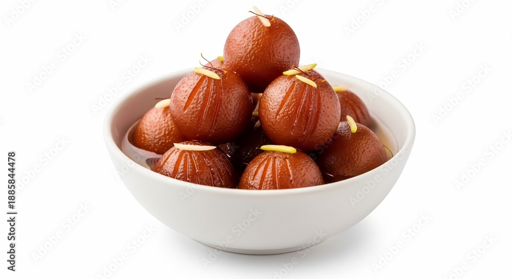Obraz premium Gulab jamun sweets served in a bowl, isolated on white background.
