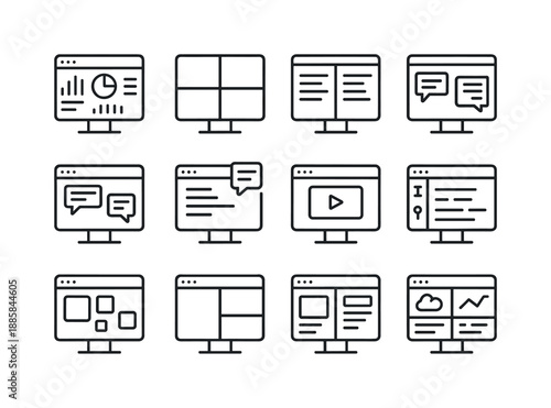 Multitasking Icon Set. Multitasking on screen. Line icon set of Multitasking on screen: productivity dashboard, multi-panel view, split editor icon, dual chat