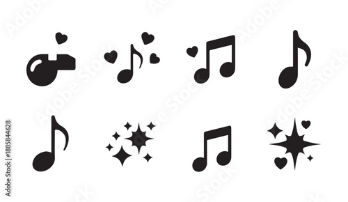 Collection of musical notes and symbols with hearts and stars on white background