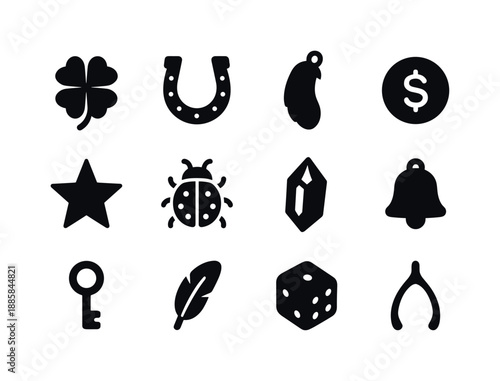 Lucky Charms Icons. Lucky charms. Solid icon set of lucky charms: four-leaf clover, horseshoe, rabbit foot, coin, star, ladybug, crystal, bell, key, feather,