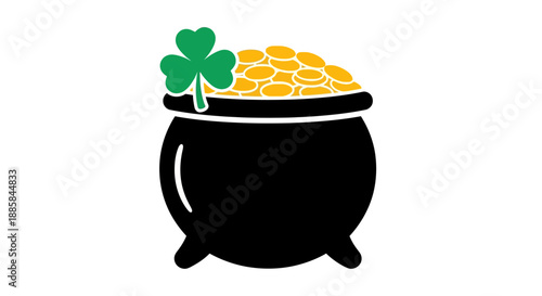 Illustration of a black pot overflowing with gold coins and a shamrock on a white background from a straightforward viewpoint