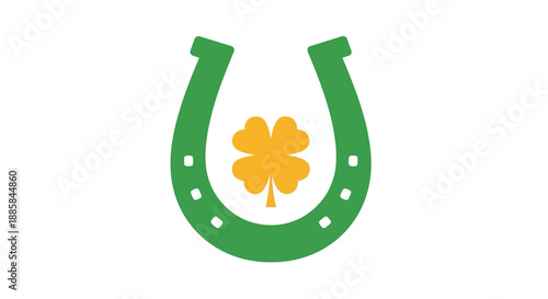 A green horseshoe with a four-leaf clover inside, symbolizing good luck and fortune in a simple illustration style.