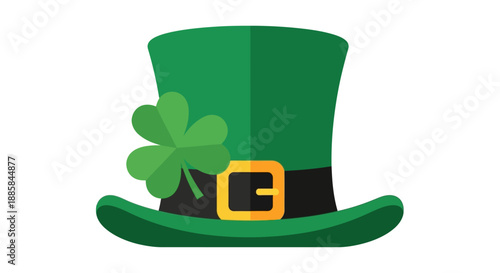A green top hat adorned with shamrock and golden buckle, symbolizing luck and festive celebration