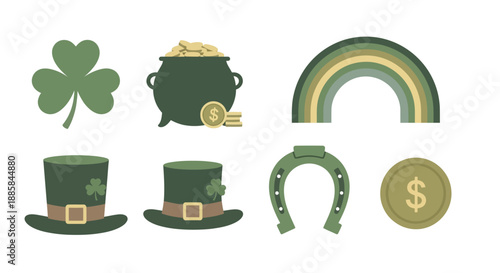 Collection of St. Patrick's Day symbols including shamrock, pot of gold, rainbow, and hats on transparent background viewed from directly above