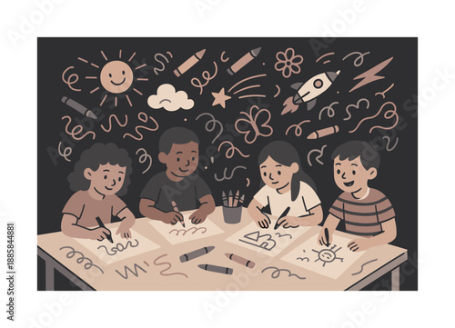 Colorful Kids' Imagination. Art time. Kids sit at a big table drawing, crayons and doodles floating above like ideas coming alive. Colorful imagination in
