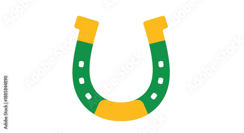 A green horseshoe with yellow ends and white nail holes viewed from the front
