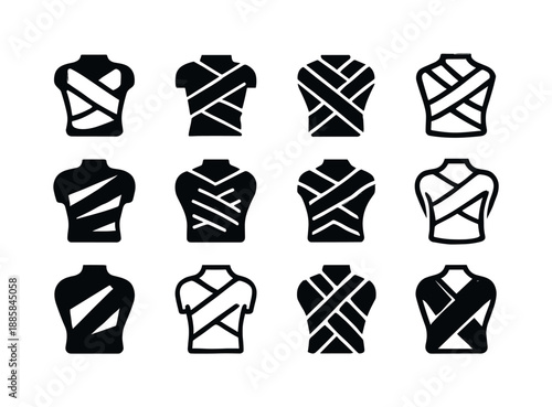 Bandaged Body Logos. Bandaged body. Icon set. Set Logo of Bandaged body: torso with medical wrap. harmonious logo variations of the same emblematic concept,
