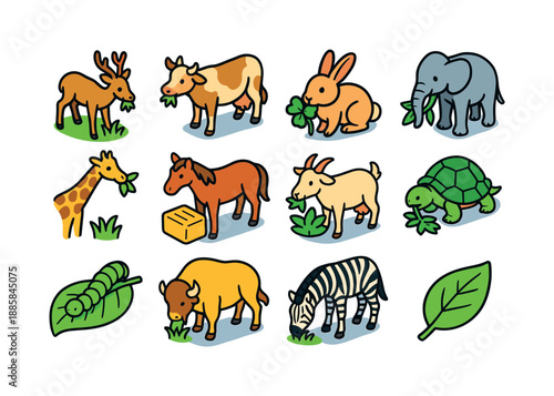 Colorful Herbivore Icons. Herbivores. Colorful isometric vector icons set of Herbivores: grazing deer, cow chewing grass, rabbit with clover, elephant trunk