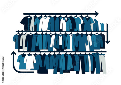 Minimalist Fashion Overload. Crowded clothing racks. Tight rows of hanging outfits fill the space, minimalist shapes stacking into visual overload. Arrows show