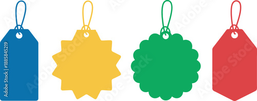 Set of colorful decorative hanging tags with star and flower shapes
